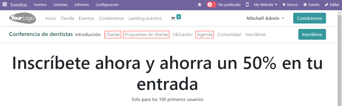 Vista de la página web publicada y de las charlas, propuestas de charlas y agenda