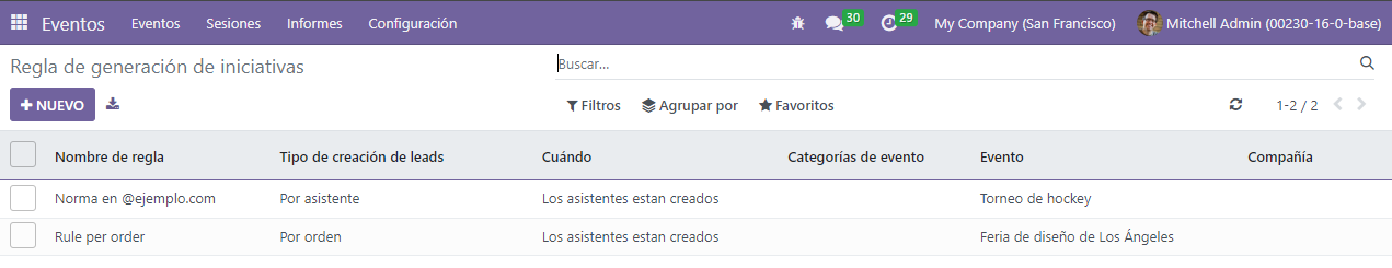 Página de reglas de generación de leads en la aplicación Eventos de Odoo.