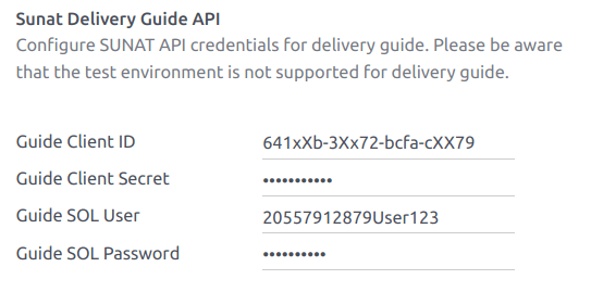 Ejemplo para la sección de configuración de la API de la guía de remisión de la SUNAT.