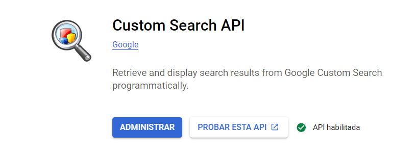 Página "API de búsqueda personalizada" con el botón Habilitar resaltado en Google Cloud Platform.