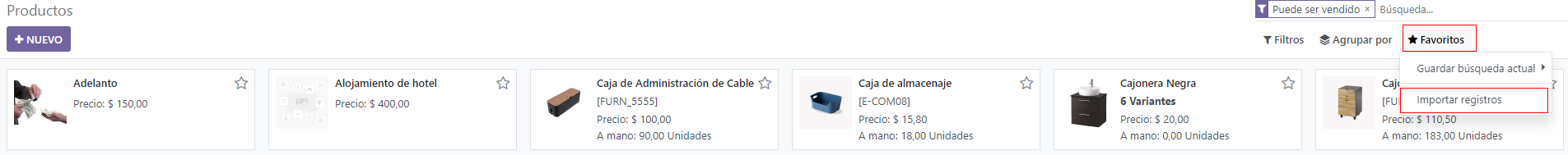 La opcion de importar productos desde el menu de productos