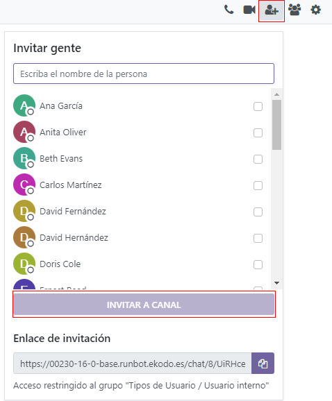 Imagen de la opción "invitar miembros" en la aplicación Conversaciones de Odoo.