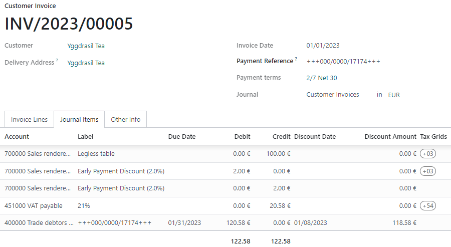 Una factura por €100.00 en la que se seleccionó "2/7 neto 30" como término de pago. La pestaña de "asientos de diario" está abierta, y se muestran las columnas de "Fecha de descuento" e "Importe de descuento".