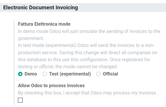 Opciones de facturación de documentos electrónicos de Italia