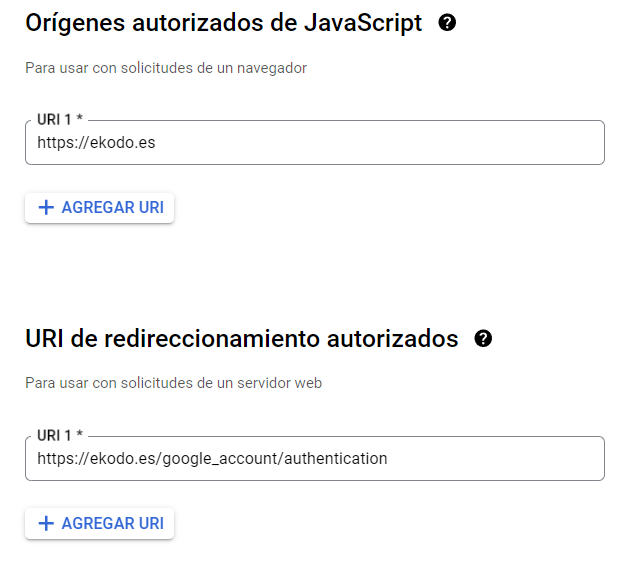 Agregue los orígenes de JavaScript autorizados y después las URI de redirección autorizadas.