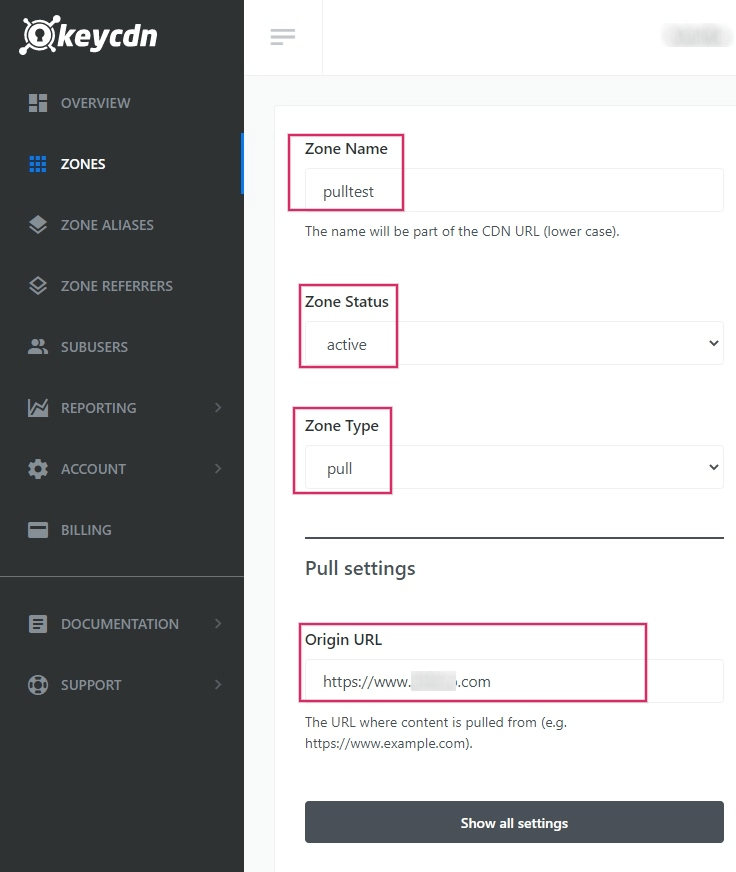 Página de configuración de la zona de KeyCDN.