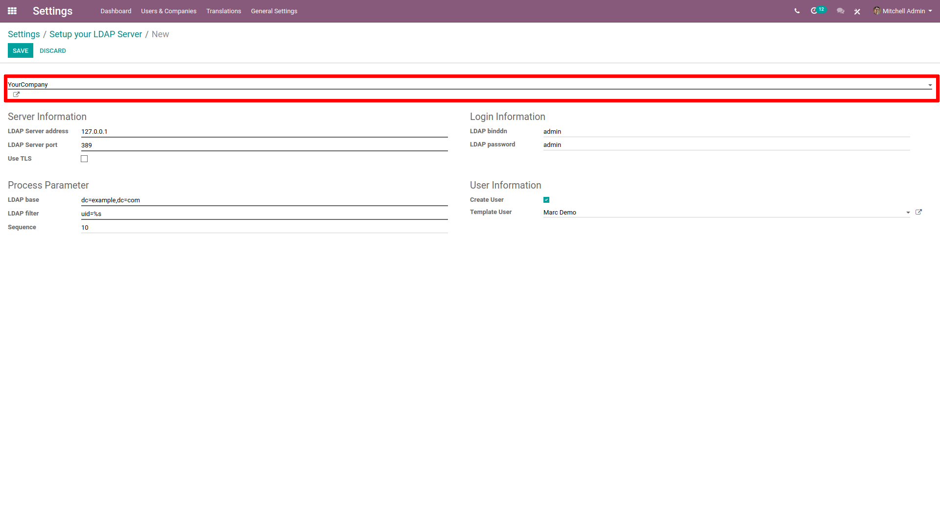 Imagen en la que se resalta el menú desplegable para seleccionar la empresa en la configuración de LDAP.