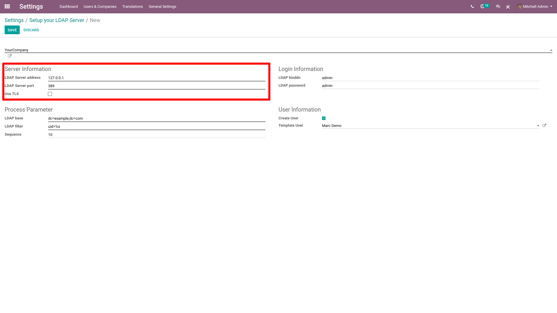 Imagen en la que se resaltan los ajustes del servidor LDAP en la configuración del servidor LDAP en Odoo.