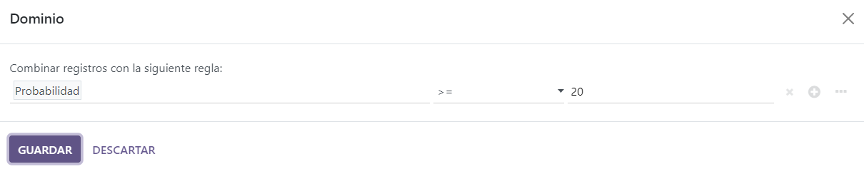 Dominio del equipo de ventas configurado a mayor o igual al veinte por ciento.