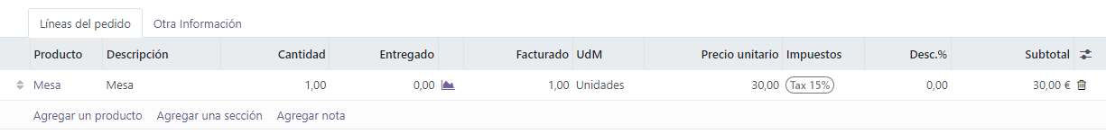 Odoo completa el campo Impuesto automáticamente de según los Impuestos predeterminados