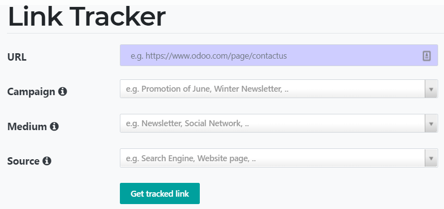 Vista de los campos de rastreador de enlaces de la aplicación Sitio web de Odoo