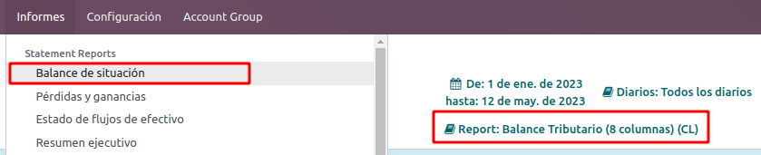 Ubicación del reporte del Balance tributario de 8 columnas. 