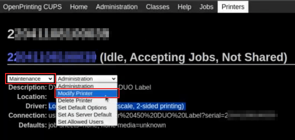 Modifique el fabricante y el modelo de la impresora DYMO LabelWriter. Se resaltan los menús de mantenimiento y modificación.