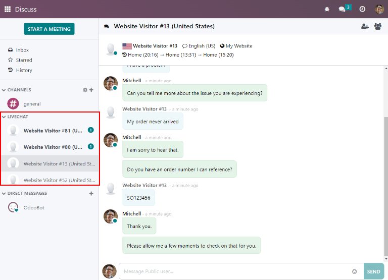 Vista de la aplicación Conversaciones con un mensaje enviado a través del chat en vivo de Odoo.