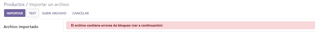 El mensaje de error que aparece cuando hay un fallo en la importacion
