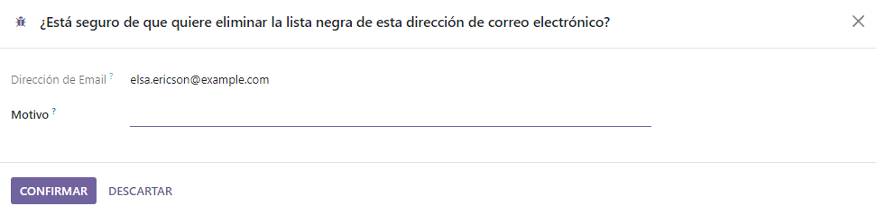 Vista de la ventana emergente para quitar contactos de la lista negra en la aplicación Marketing por correo electrónico.