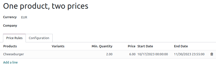 Formulario de configuración para una lista de precios de múltiples precios