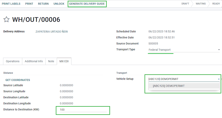 Pestaña de configuración MX EDI para la guía de entrega.