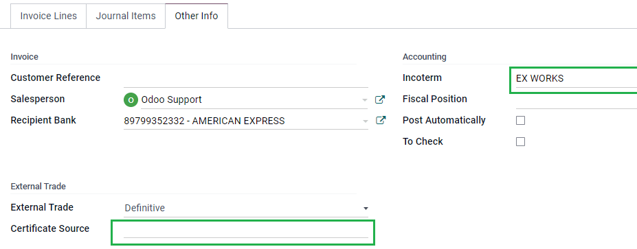 Pestaña de otra información de un producto para comercio exterior.