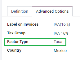 Configuración del tipo de impuesto tipo de factor de ventas.