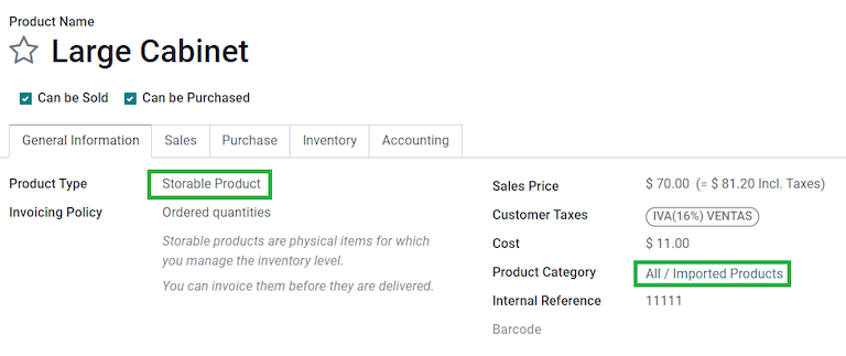 Configuración general de los productos almacenables. 