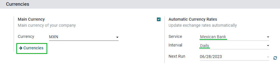 Configuración multidivisa en los ajustes de Contabilidad.