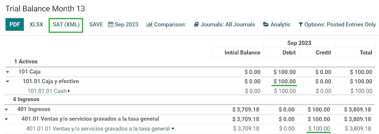 Reporte de la balanza de comprobación 13.