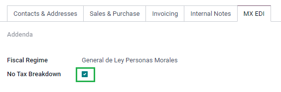 La opción "Sin desglose de impuestos" en la pestaña MX EDI de la factura del cliente.