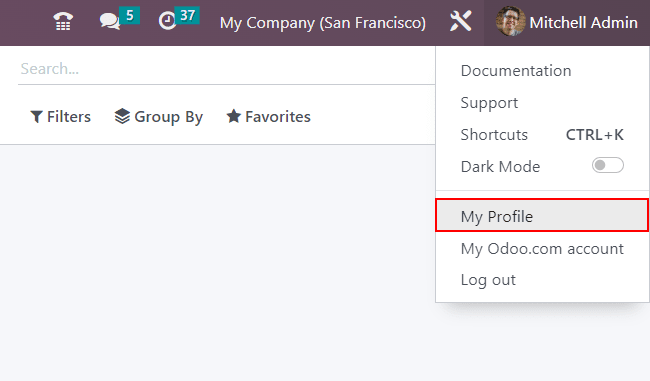 Vista de la opción Mi perfil en Odoo.