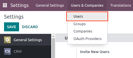 Menú de los usuarios en la sección Usuarios y empresas de los Ajustes de Odoo.