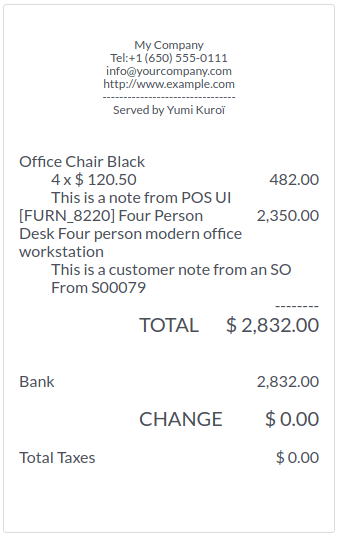 Recibo para el cliente con notas de la orden de venta y de la función de nota del cliente