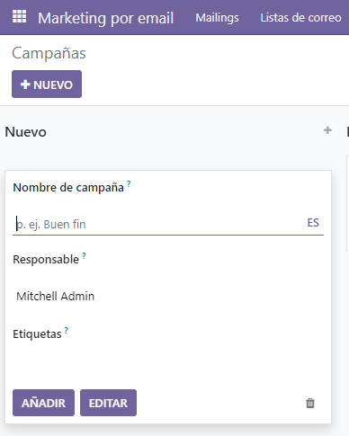 Vista de la ventana emergente de la campaña en la aplicación Marketing por correo electrónico de Odoo.