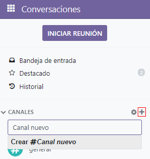 Vista de la barra lateral de la aplicación Conversaciones y la creación de un canal en la misma.