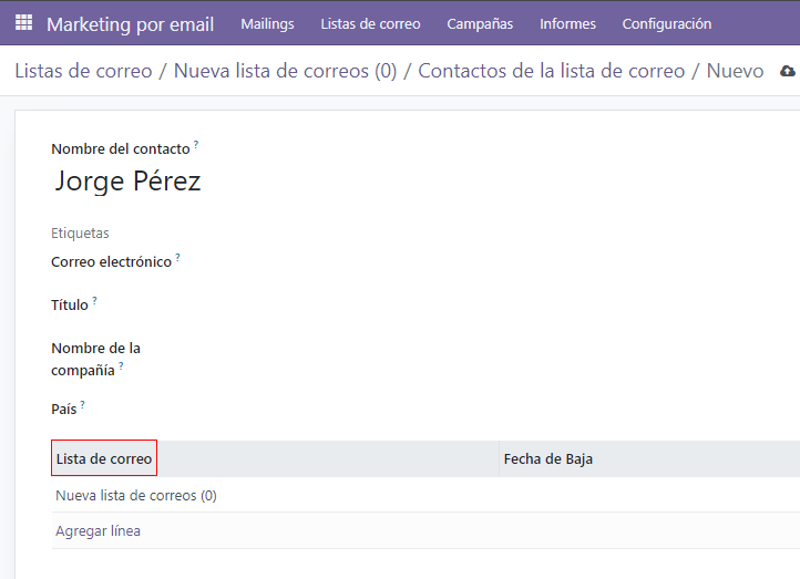 Vista de un formulario detallado de un contacto con la pestaña de lista de correo en Marketing por correo electrónico de Odoo. 