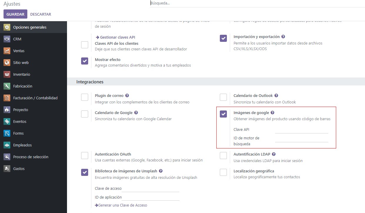 Los ajustes de imagenes de google en odoo