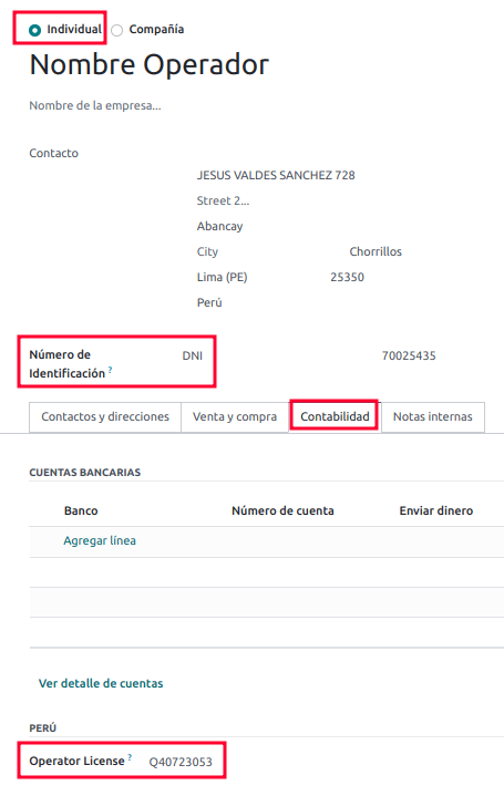 Configuraciones de operador de tipo individual en el formulario de contacto.