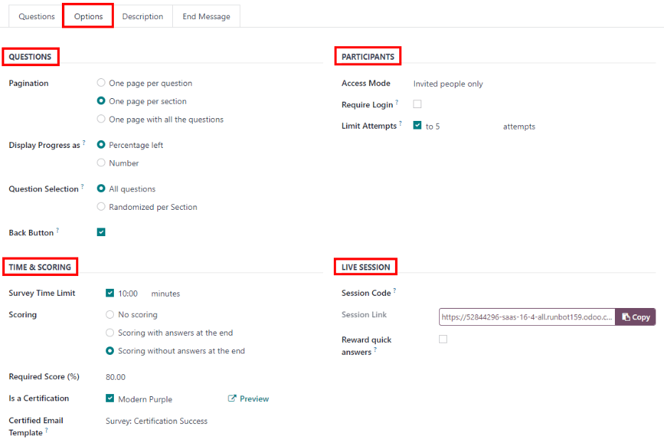 Varias opciones para configurar el formuario de entrevista.