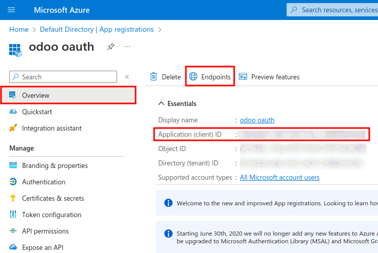 Credenciales de autorización de endpoint para la aplicación ID y OAuth 2.0 (V2) 