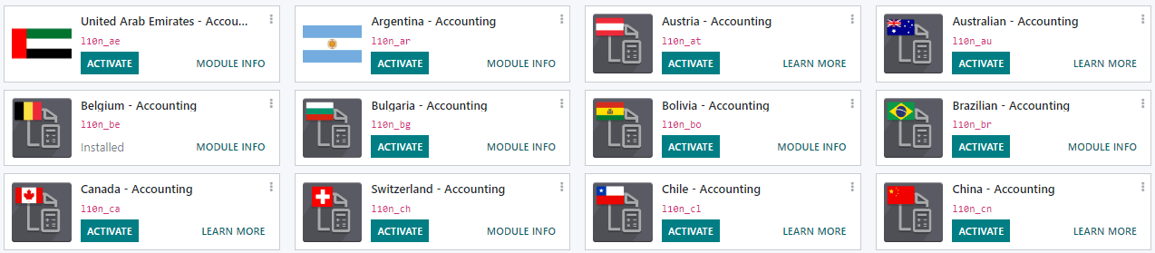 Instalación del paquete de localización fiscal adecuado en la aplicación Contabilidad de Odoo.