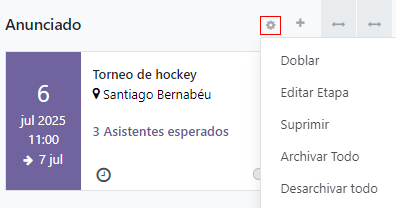 Vista general de la configuración de eventos con la vista kanban en la aplicación Eventos de Odoo.