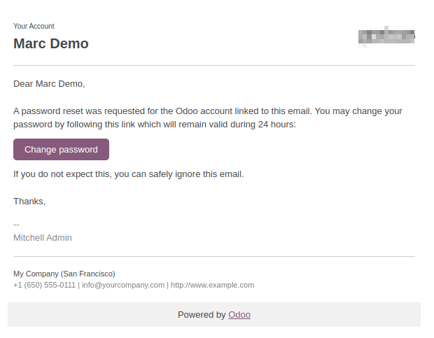 Ejemplo de un correo electrónico con un enlace para restablecer la contraseña para una cuenta de Odoo.