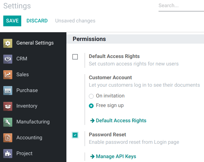 Activando el reestablecimiento de contraseñas en los Ajustes de Odoo