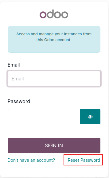 Pantalla de inicio de sesión en Odoo.com con la opción para restablecer la contraseña resaltada.