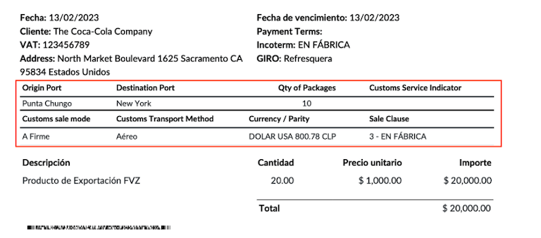 Sección para Exportaciones electrónicas de bienes en el reporte PDF.