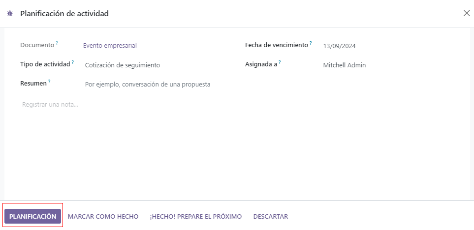 Opción de programar una actividad en Odoo