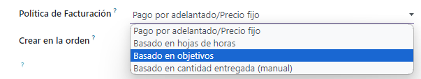 Menú desplegable del campo de política de facturación con opciones