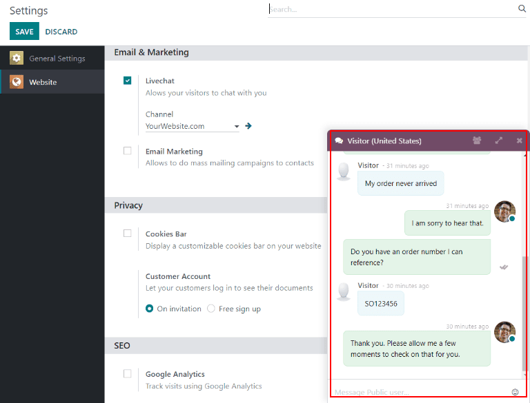 Vista de una ventana emergente de chat en vivo en una base de datos de Odoo.