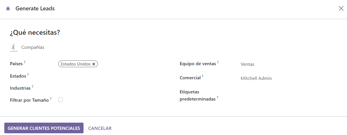 La ventana emergente en la que podrá elegir los criterios mediante los cuales se generarán los leads en Odoo.