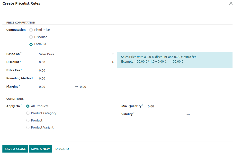 Formulario para configurar una lista de precios avanzada