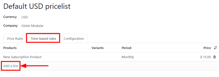 La pestaña de reglas según el tiempo en un formulario de lista de precios en Ventas de Odoo.